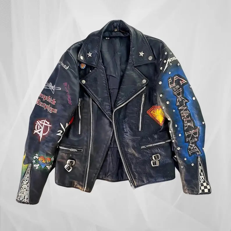 Vintage Punk Rock Leather Jacket – Hand-Painted - fashonic