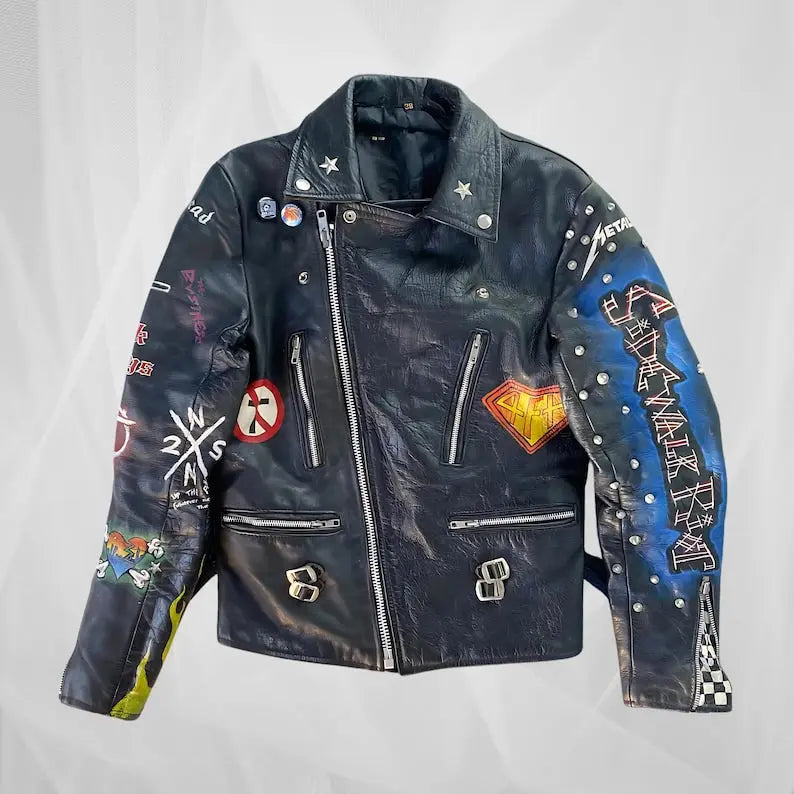 Vintage Punk Rock Leather Jacket – Hand-Painted - fashonic
