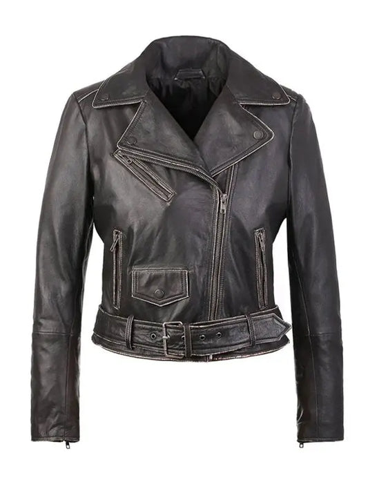 Women Distressed Short Body Biker Leather Jacket - fashonic
