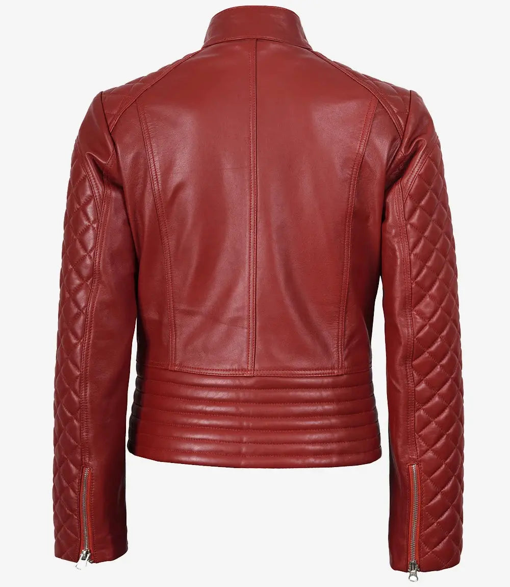 Women Red Quilted Sleeves Cafe Racer Leather Jacket