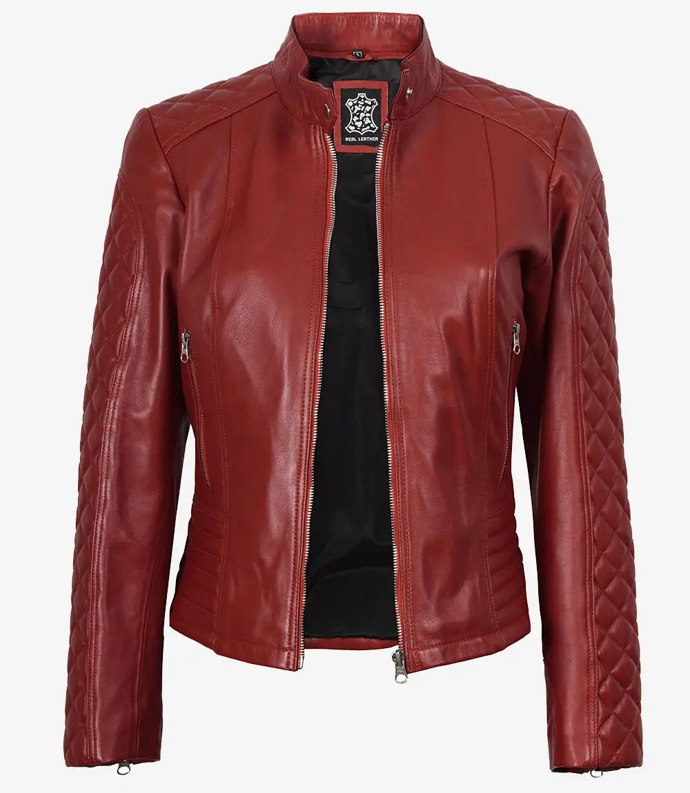 Women Red Quilted Sleeves Cafe Racer Leather Jacket