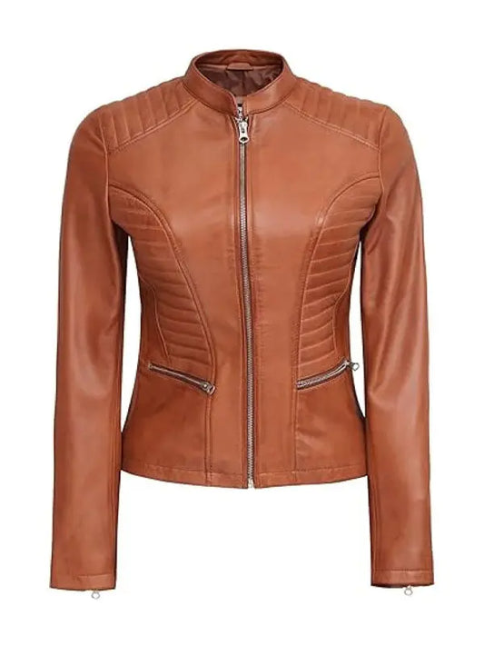 Women Slimfit Biker Tan Leather Jacket - fashonic