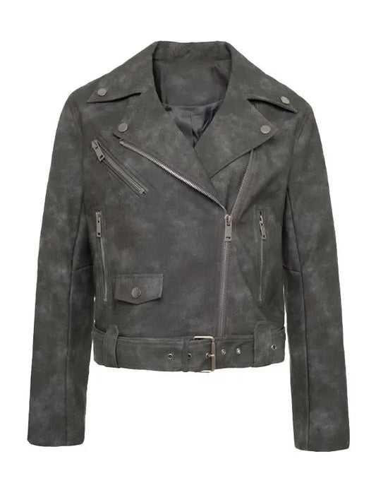 Women Textured Style Distressed Grey Leather Jacket - fashonic