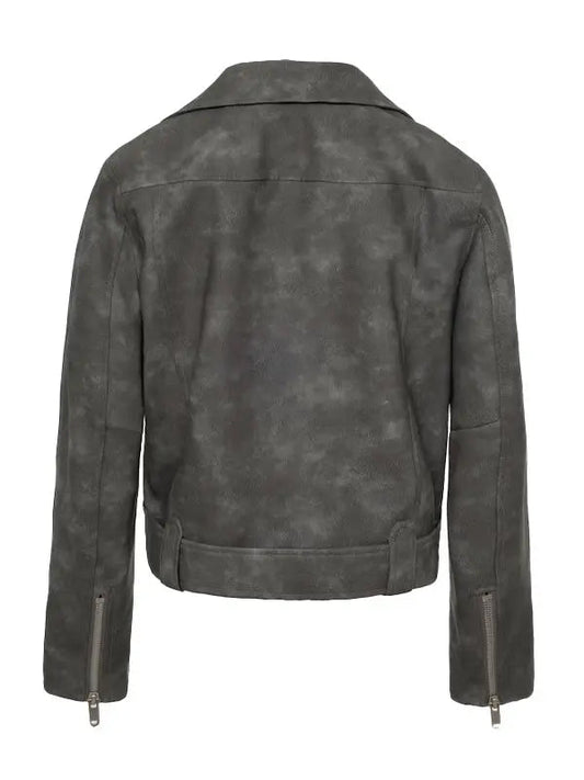 Women Textured Style Distressed Grey Leather Jacket - fashonic