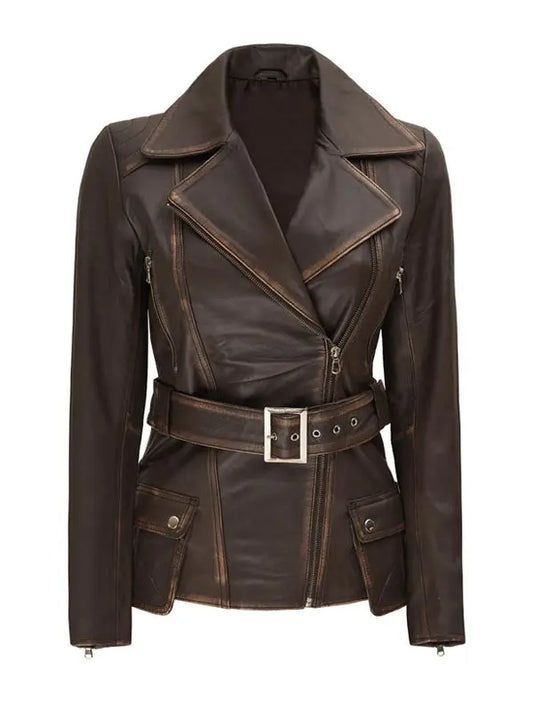 Women’s Asymmetrical Belted Leather Coat - fashonic