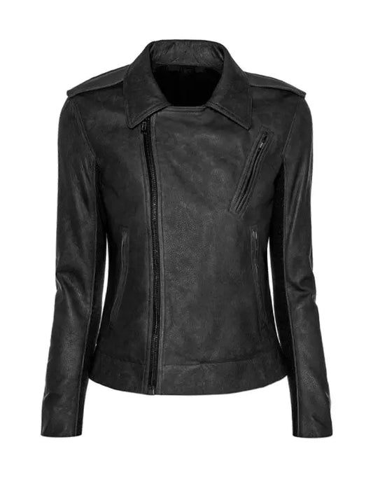 Women’s Asymmetrical Distressed Black Leather Jacket - fashonic