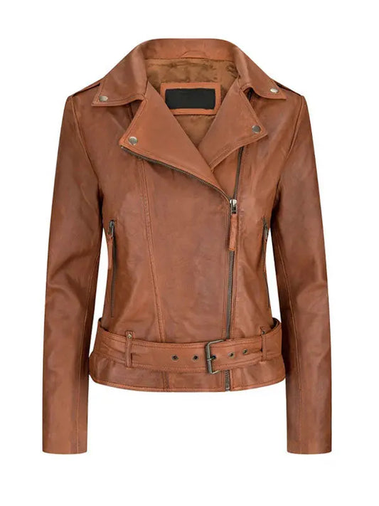 Women’s Asymmetrical Tan Brown Leather Jacket - fashonic