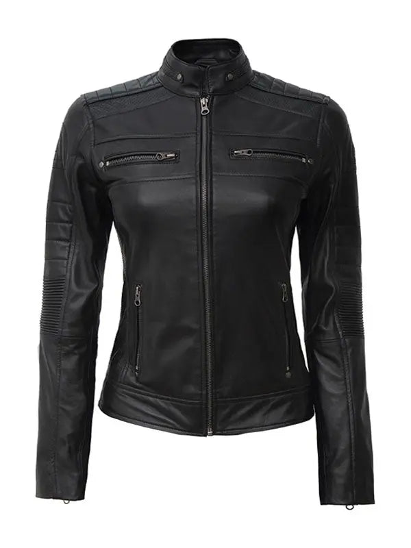 Women’s Black Cafe Racer Leather Biker Jacket - fashonic