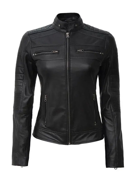Women’s Black Cafe Racer Leather Biker Jacket - fashonic