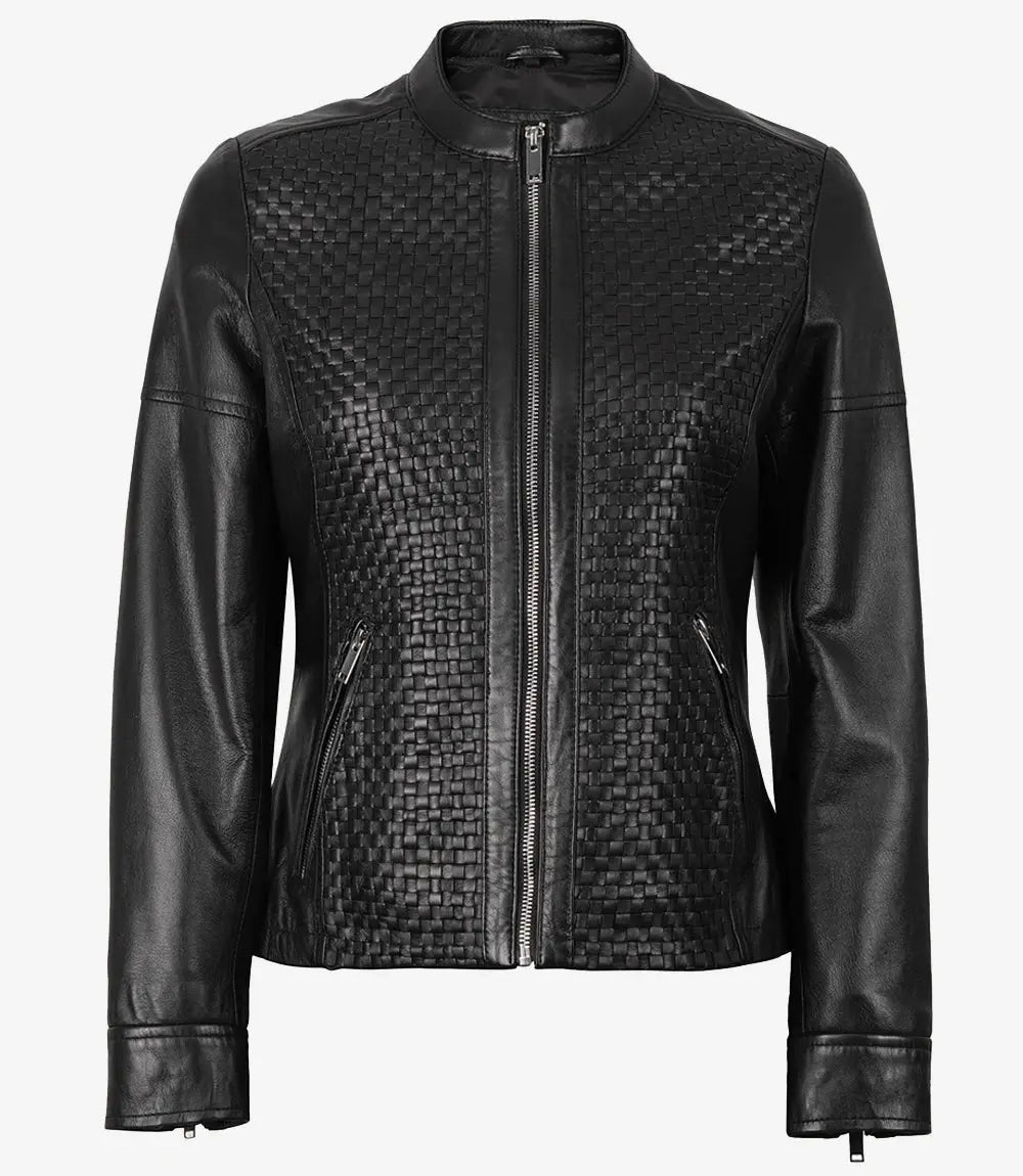 Women's Black Leather Cafe Racer Textured Jacket