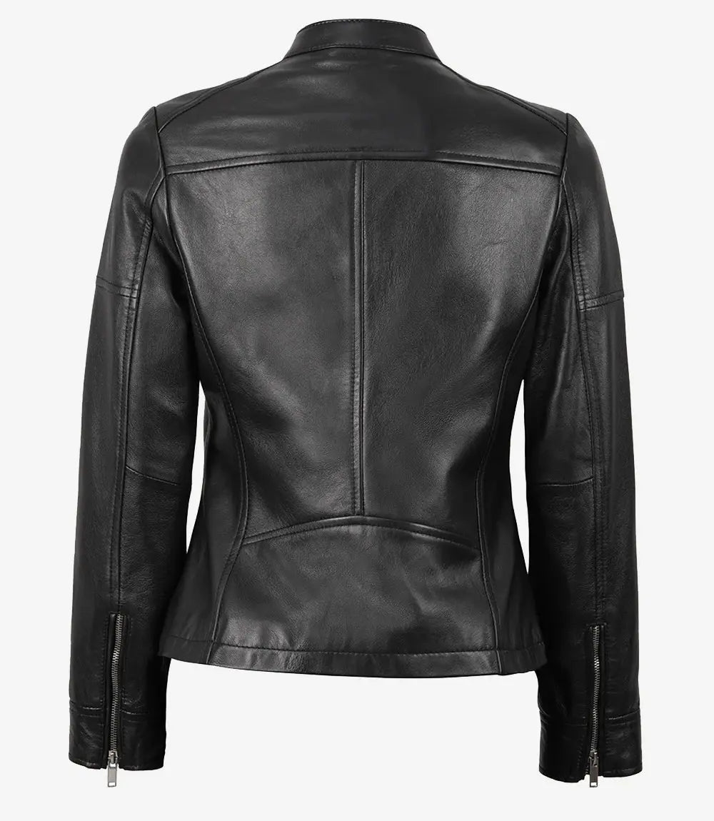 Women's Black Leather Cafe Racer Textured Jacket