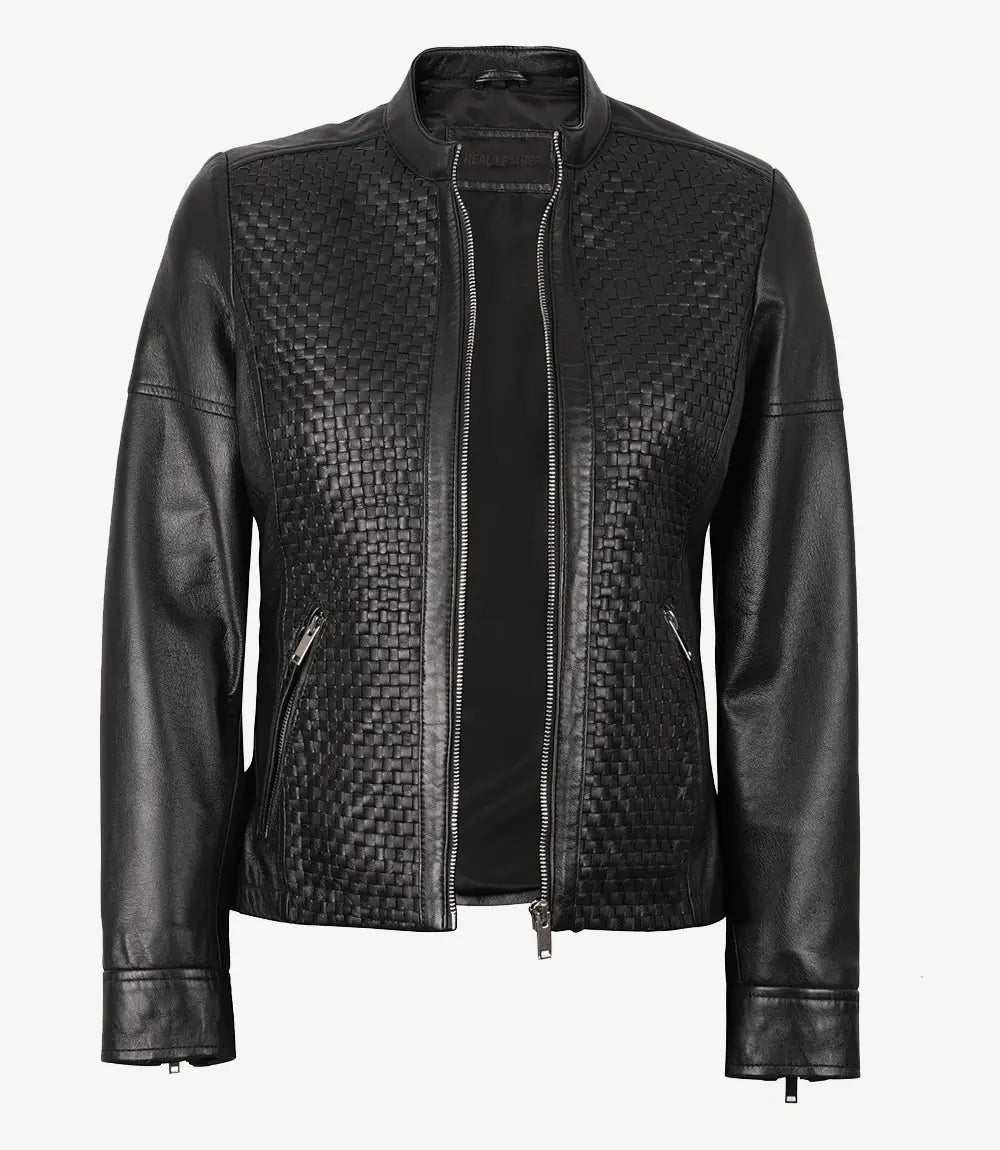 Women's Black Leather Cafe Racer Textured Jacket