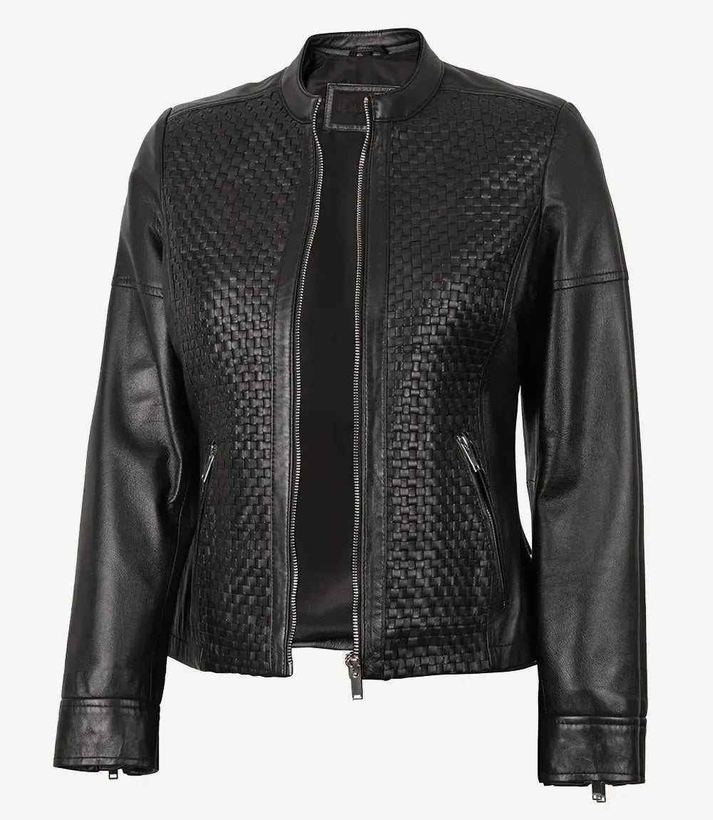 Women's Black Leather Cafe Racer Textured Jacket