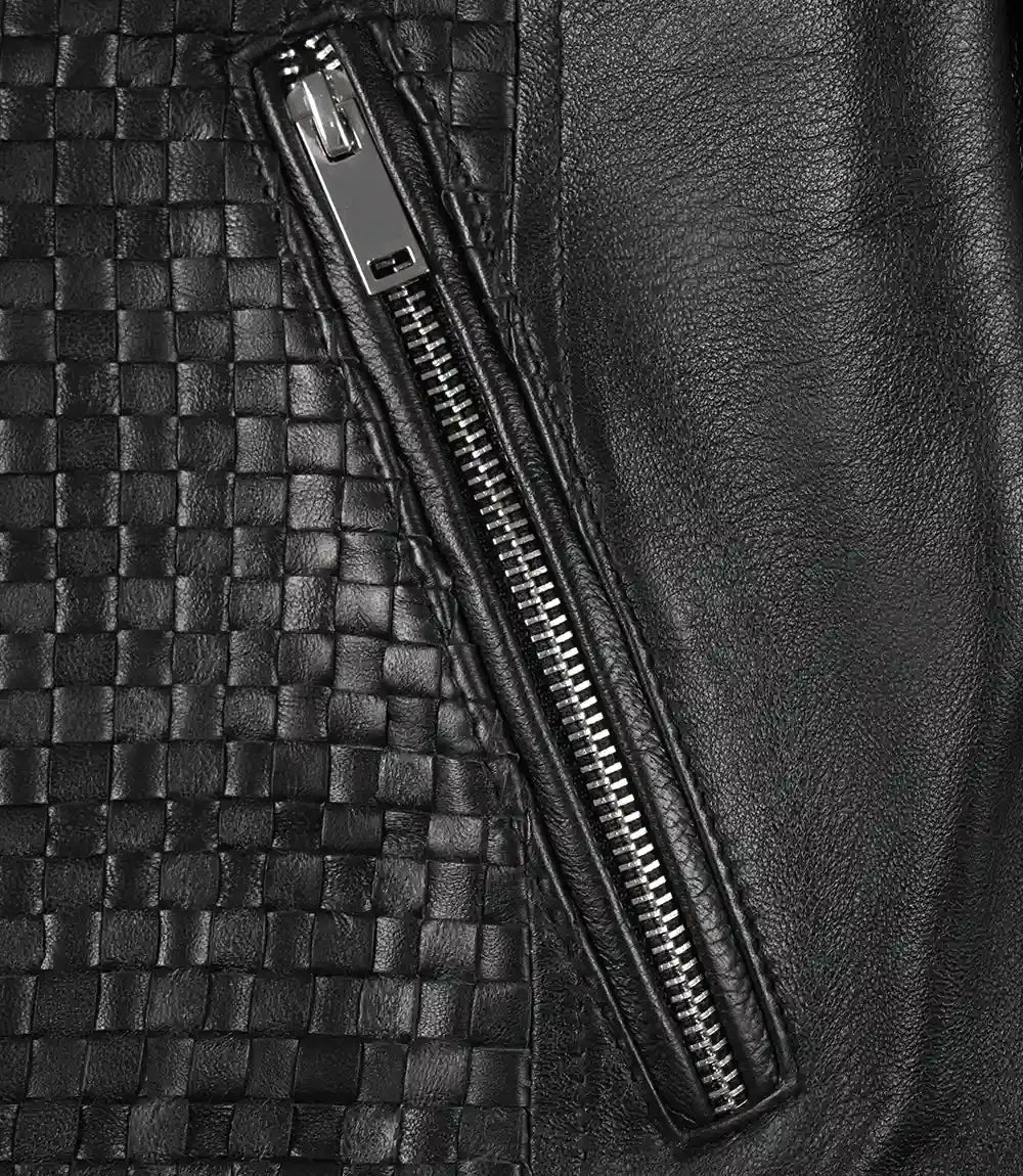 Women's Black Leather Cafe Racer Textured Jacket