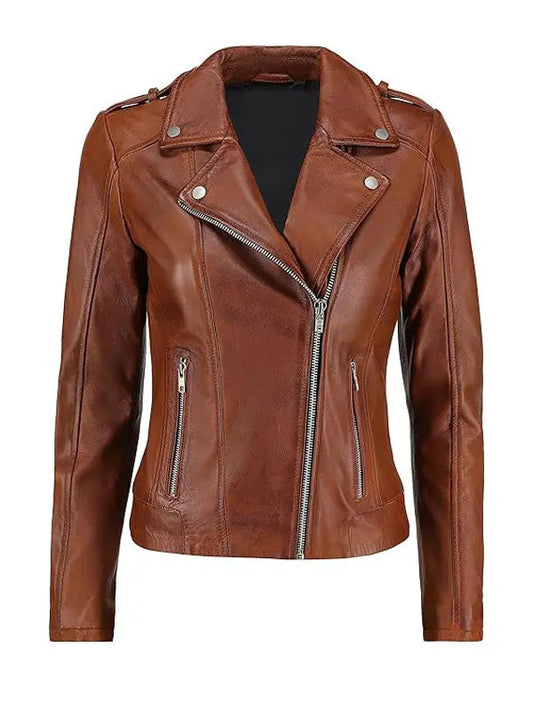 Women’s Brando Biker Tan Brown Leather Jacket - fashonic