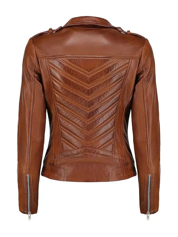 Women’s Brando Biker Tan Brown Leather Jacket - fashonic