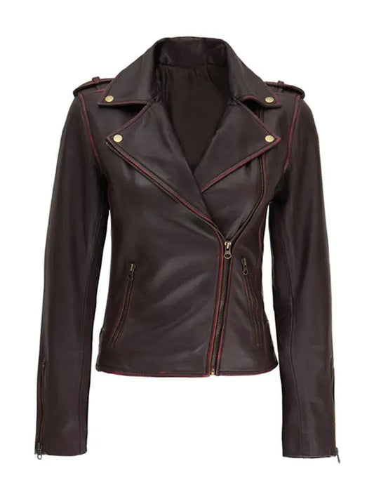 Women’s Brown Motorcycle Biker Asymmetrical Leather Jacket - fashonic