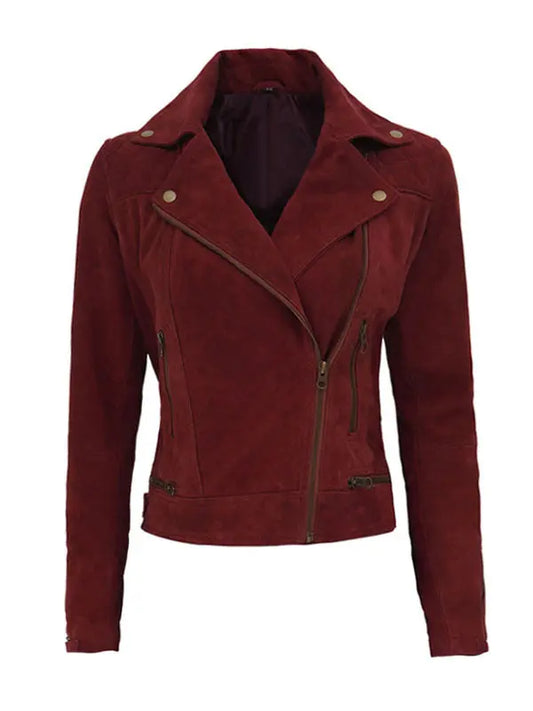 Women’s Classic Style Quilted Red Biker Suede Leather Jacket - fashonic