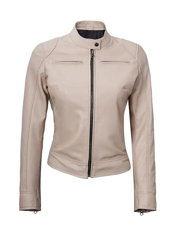 Women’s Dodge Beige And White Cafe Racer Leather Jacket - fashonic