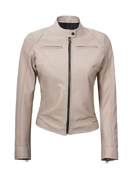 Women’s Dodge Beige And White Cafe Racer Leather Jacket - fashonic