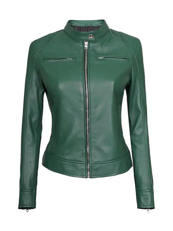 Women’s Dodge Cafe Racer Green Leather Jacket - fashonic