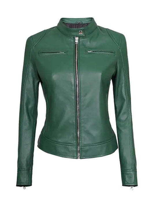 Women’s Dodge Cafe Racer Green Leather Jacket - fashonic