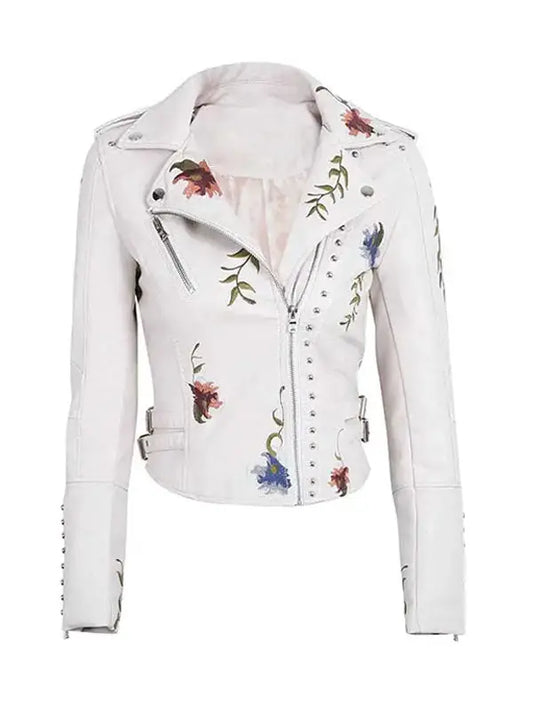 Women’s Floral Embroidery Spring Fall Winter Leather Jacket - fashonic