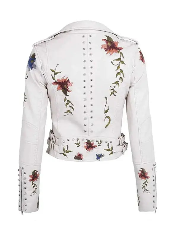 Women’s Floral Embroidery Spring Fall Winter Leather Jacket - fashonic