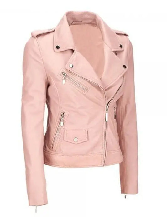 Women’s Pink Biker Style Leather Jacket - fashonic