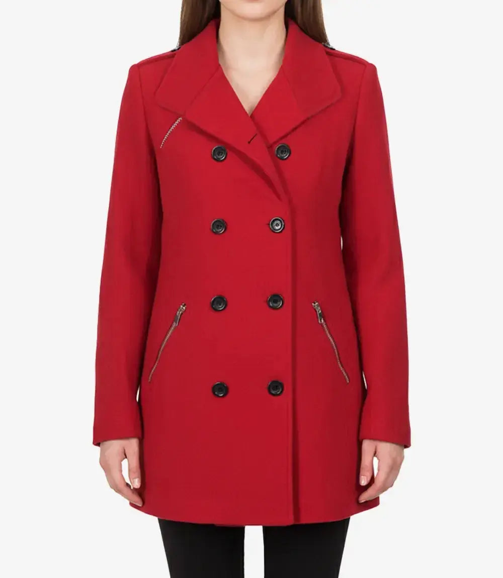 Women's Red Double Breasted Wool Peacoat
