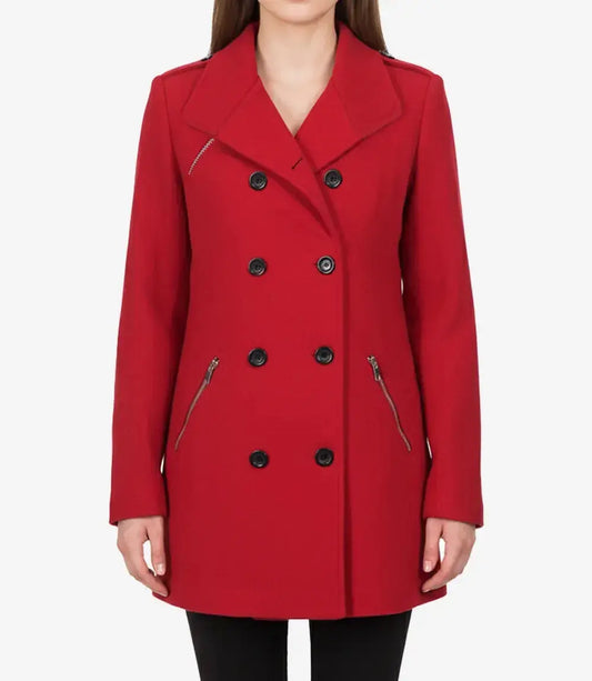 Women's Red Double Breasted Wool Peacoat