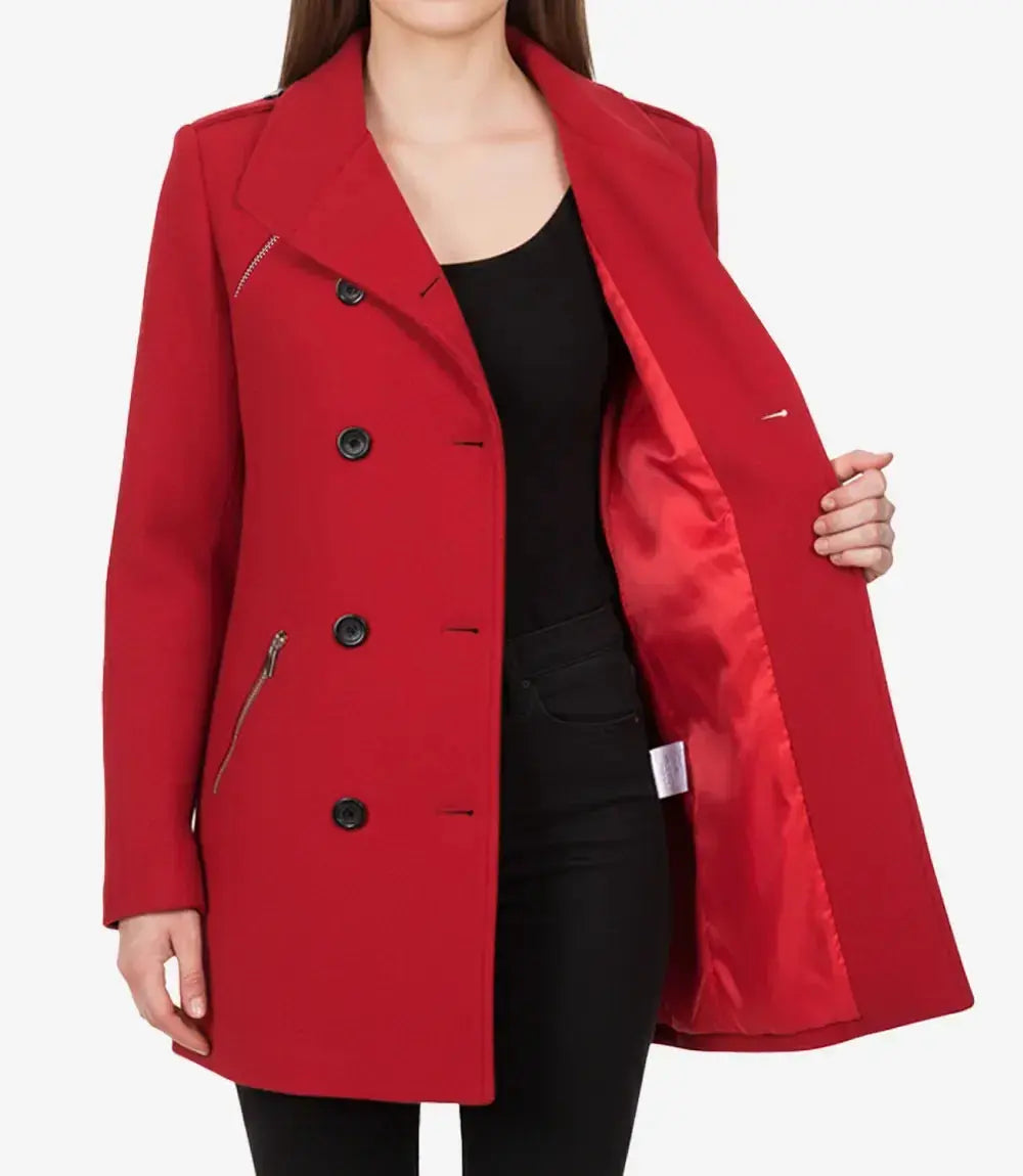 Women's Red Double Breasted Wool Peacoat