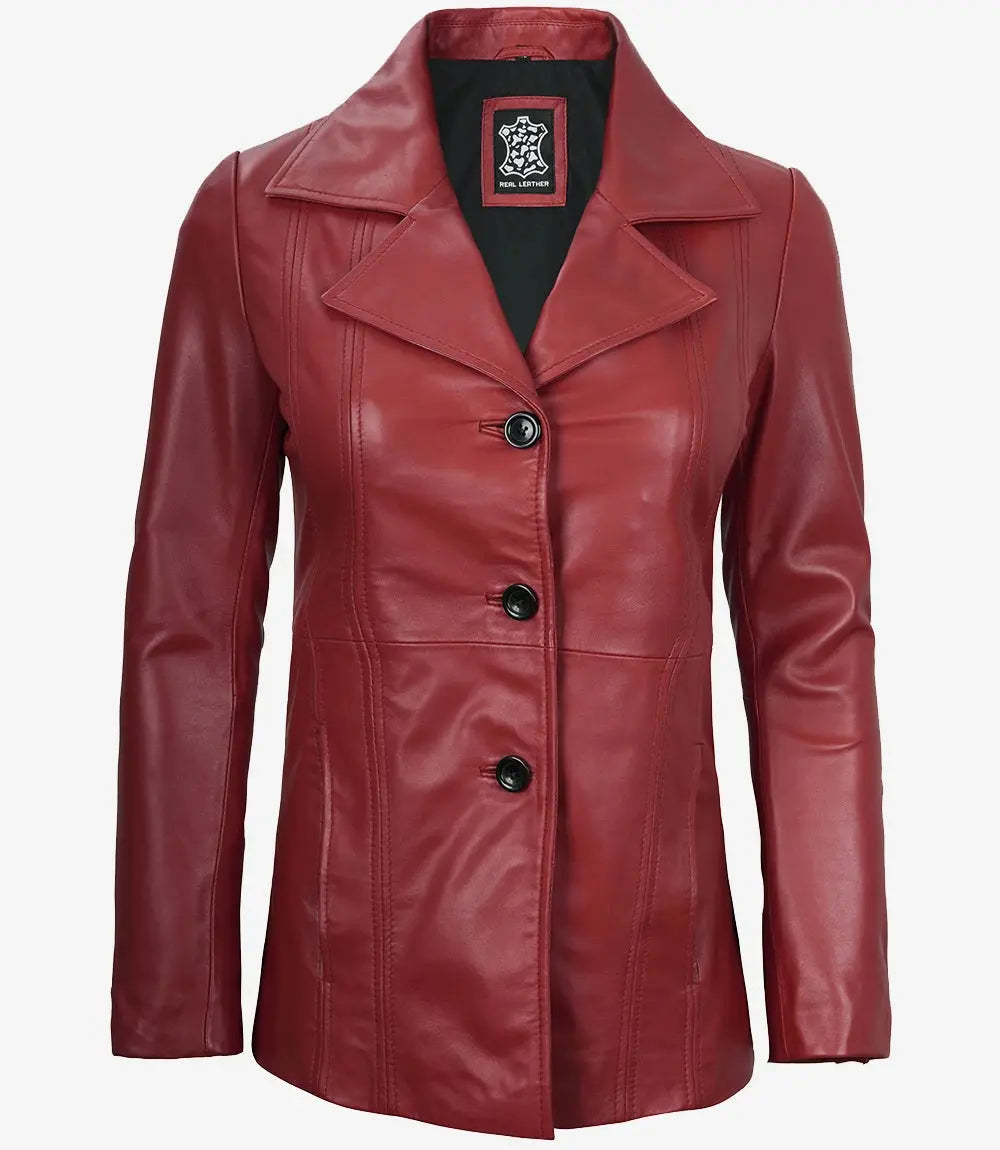 Women's Red Real Leather Blazer Jacket