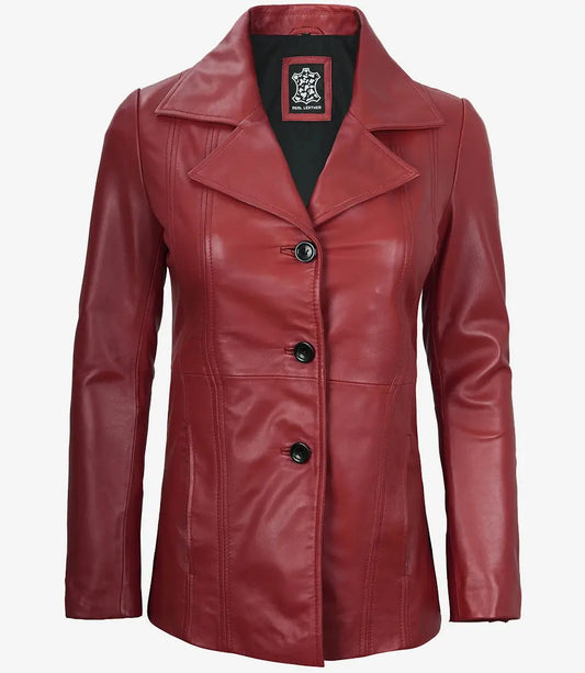 Women's Red Real Leather Blazer Jacket
