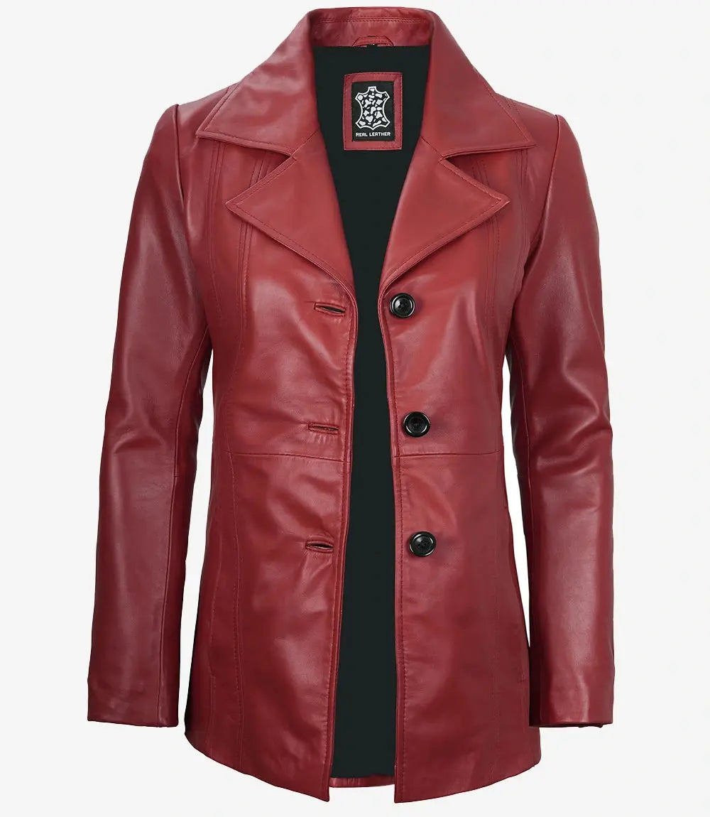 Women's Red Real Leather Blazer Jacket