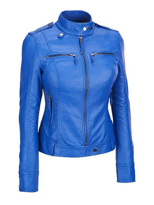 Women’s Royal Blue Zipper & Pocket Leather Jacket - fashonic