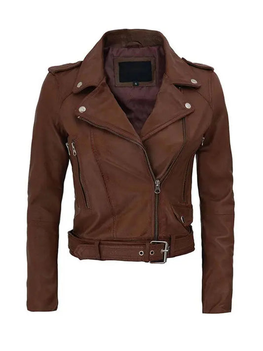 Women’s Slimfit Biker Dark Brown Leather Jacket - fashonic