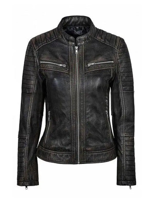 Women’s Slimfit Distressed Black Cafe Racer Jacket - fashonic