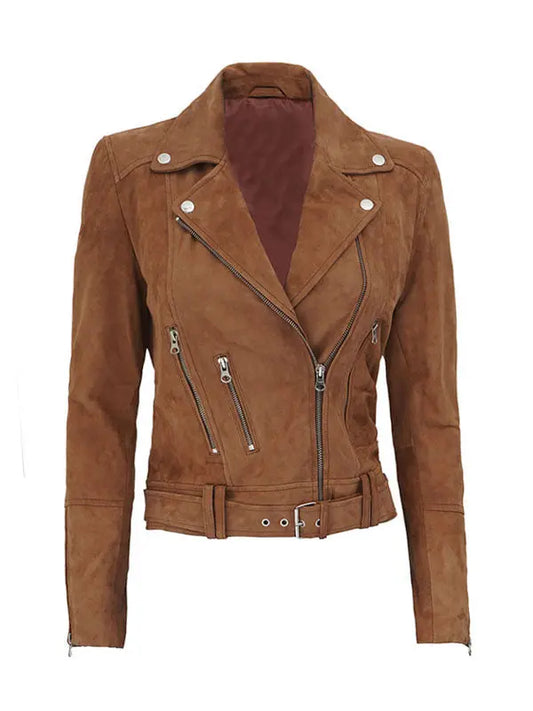 Women’s Slimfit Tan Brown Suede Leather Jacket - fashonic