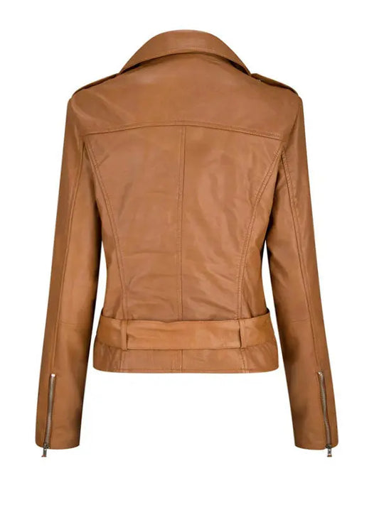 Women’s Stylish Tan Brown Belted Leather Jacket - fashonic