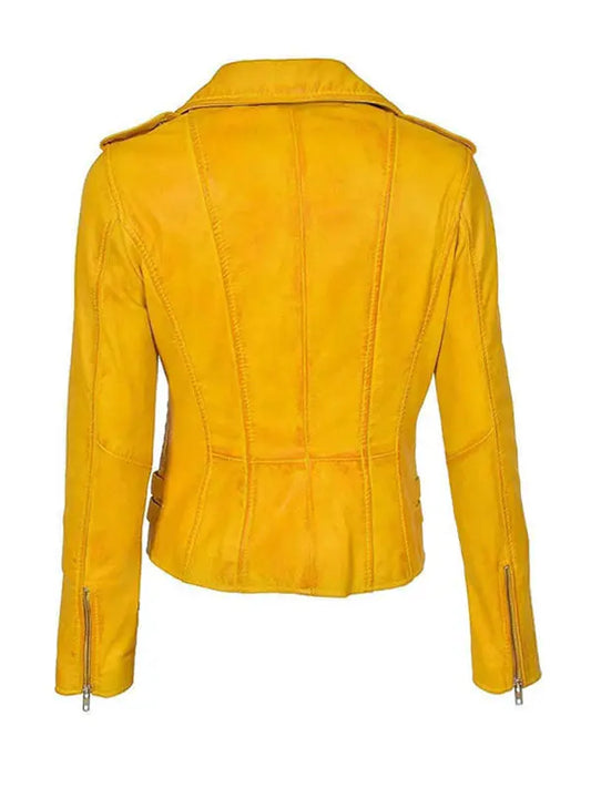 Women’s Yellow Slimfit Classic Biker Leather Jacket - fashonic
