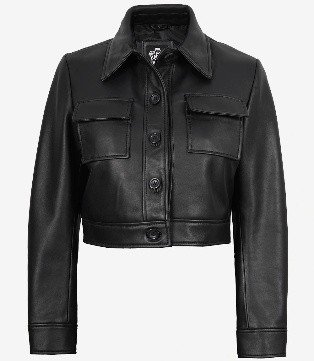 Freddie Women’s Black Harrington Cropped Leather Jacket