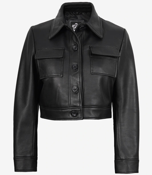 Freddie Women’s Black Harrington Cropped Leather Jacket