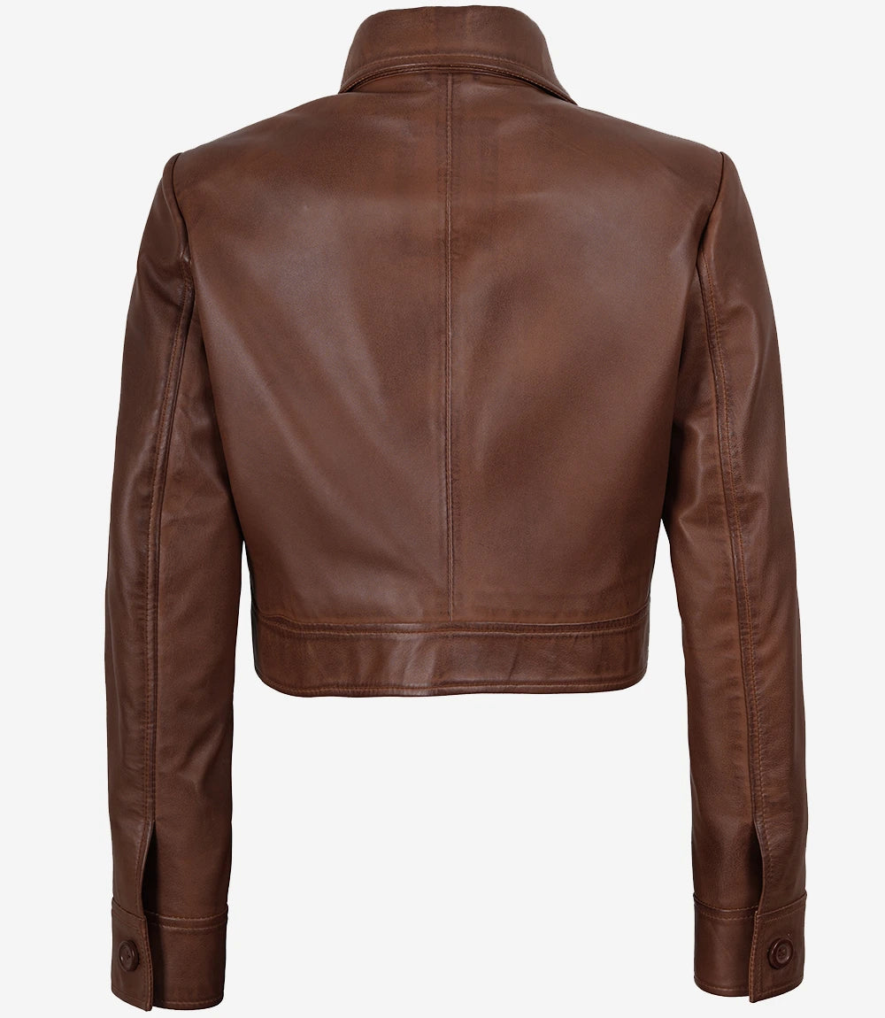 Freddie Women’s Cognac Brown Cropped Shirt Collar Leather Jacket