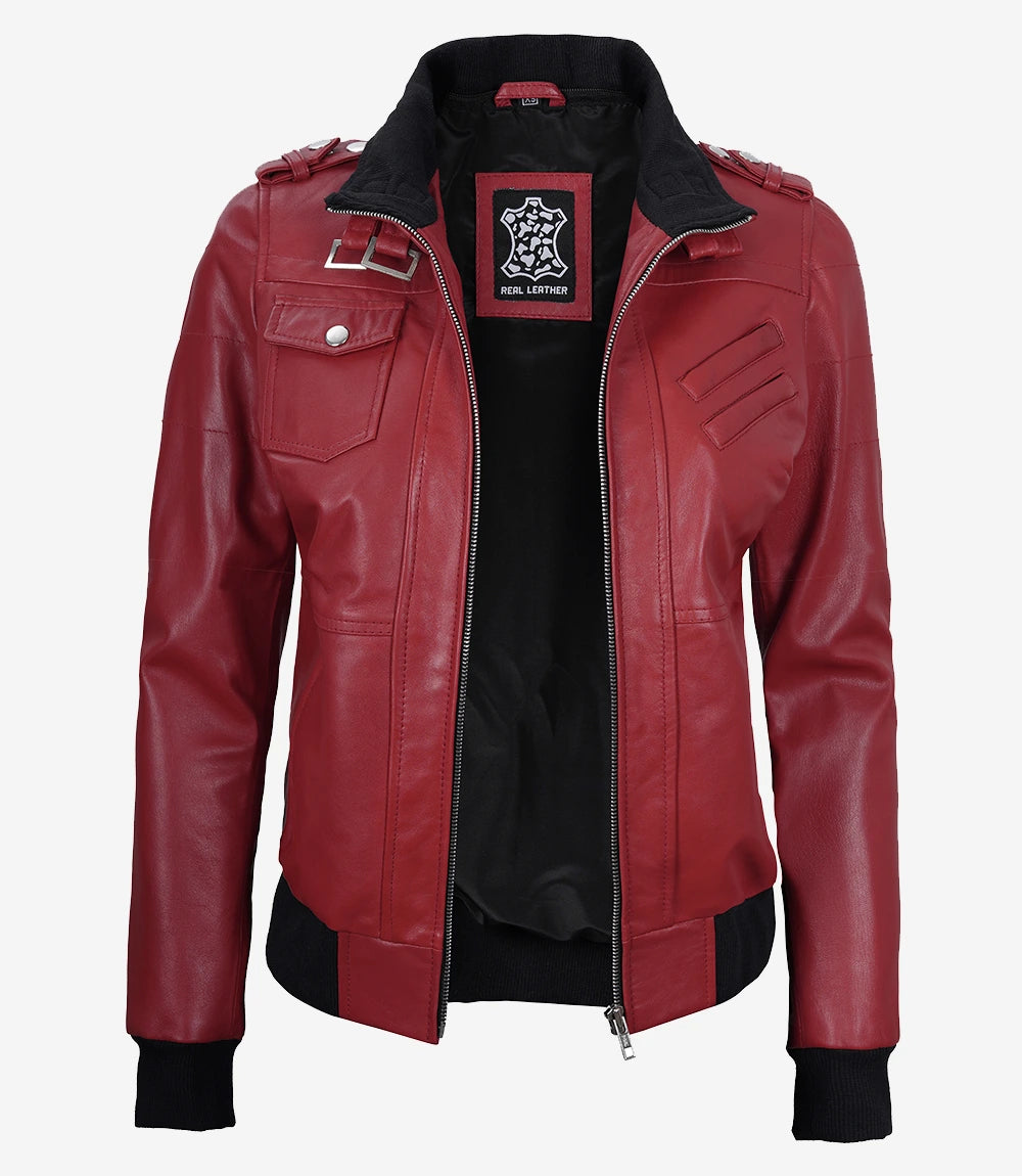 Women's Red Leather Jacket with Removable Hood