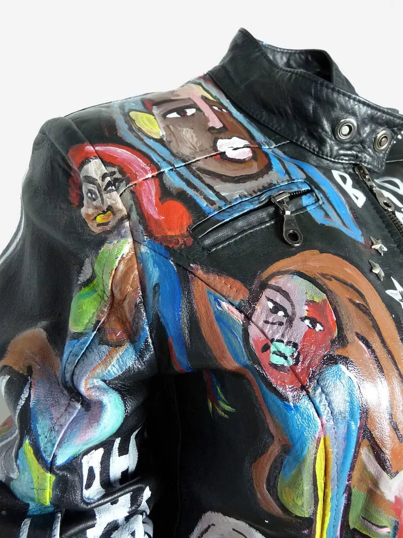 Vintage Hand Painted Genuine Leather Biker Jacket - fashonic