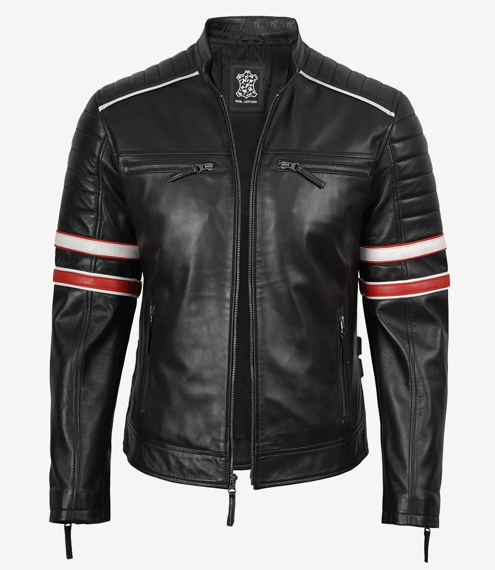 Men’s Black Cafe Racer Leather Jacket with Red & White Stripes
