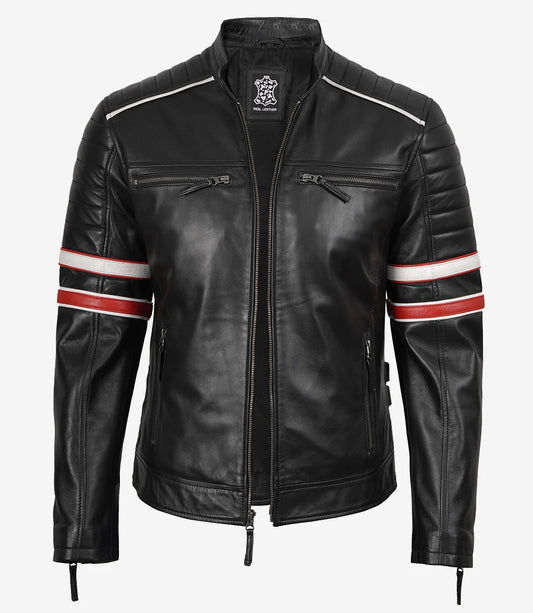 Men’s Black Cafe Racer Leather Jacket with Red & White Stripes