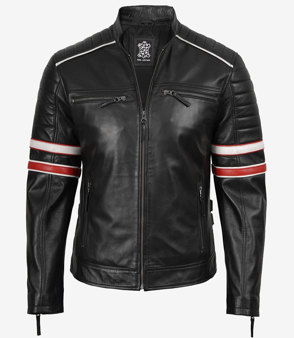 Men’s Black Cafe Racer Leather Jacket with Red & White Stripes