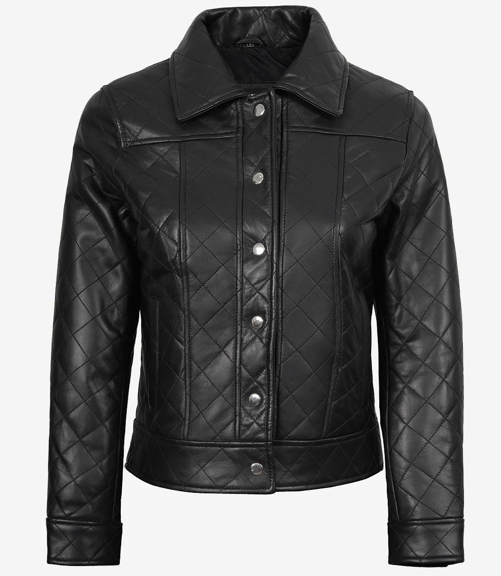 Women's Quilted Textured Black Leather Jacket Shirt Collar